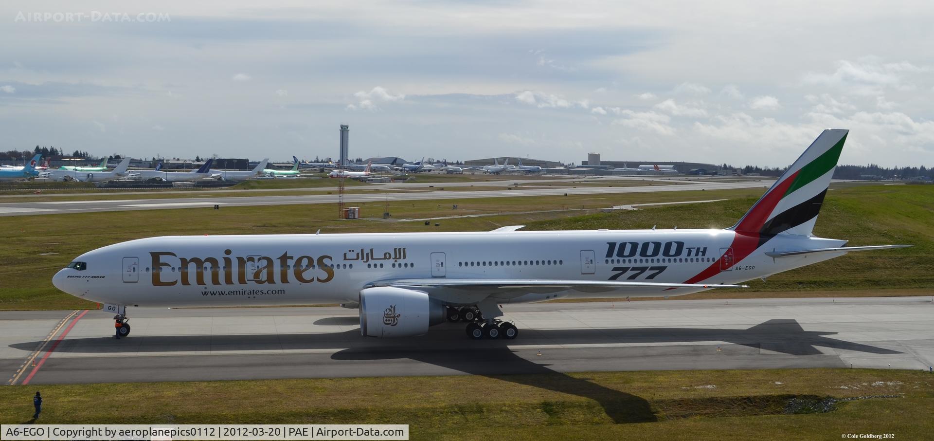 A6-EGO, 2012 Boeing 777-31H/ER C/N 35598, A6-EGO taxiing to runway 16R-34L for takeoff to Dubai, DXB with a flight time of 14 hours. On board are only 16 passengers. Congratulations to Boeing!