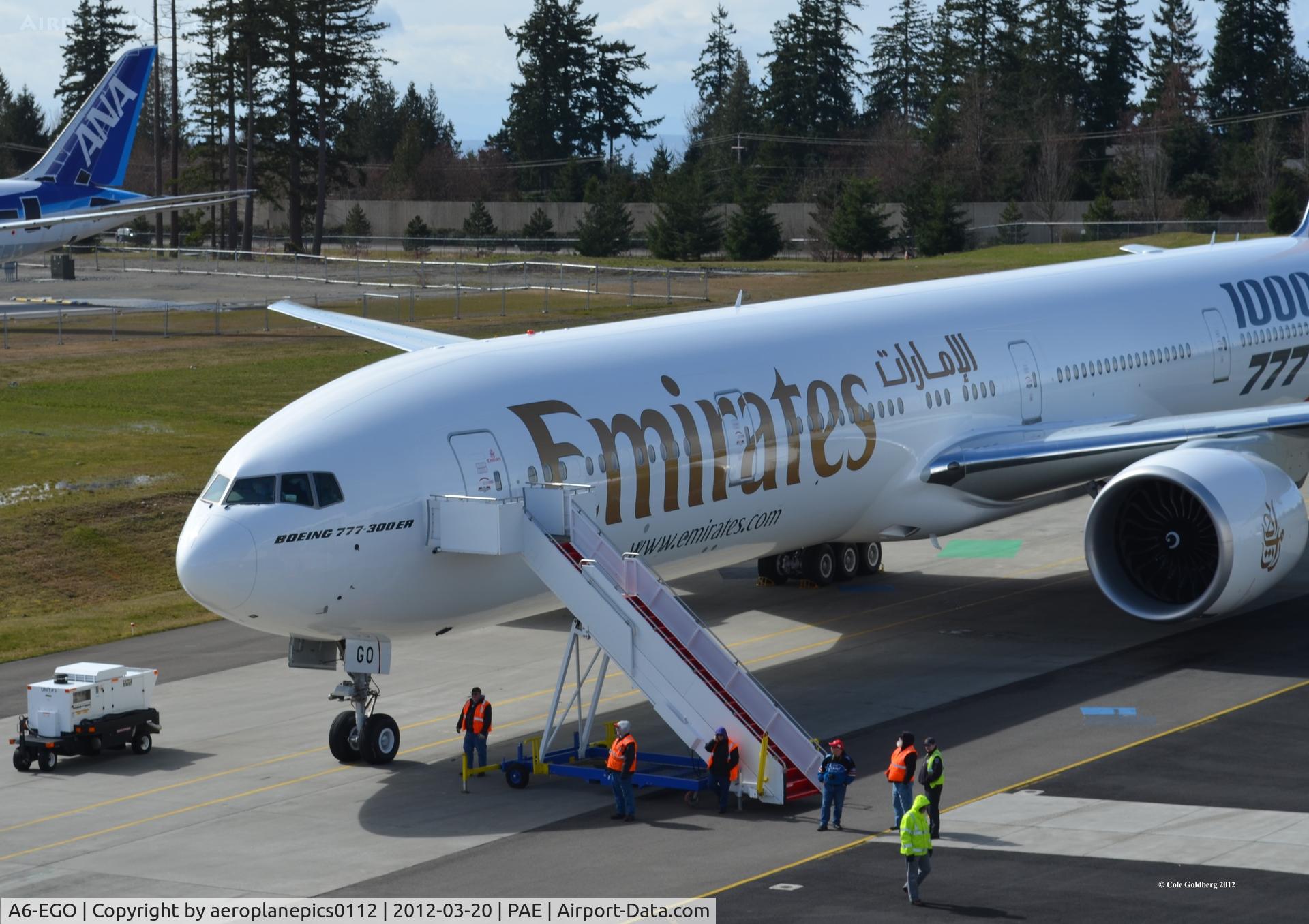A6-EGO, 2012 Boeing 777-31H/ER C/N 35598, A huge milestone for Boeing, the 1000th 777! Shot on March 20th, 2012. Delivered to Emirates March 20th, 2012.