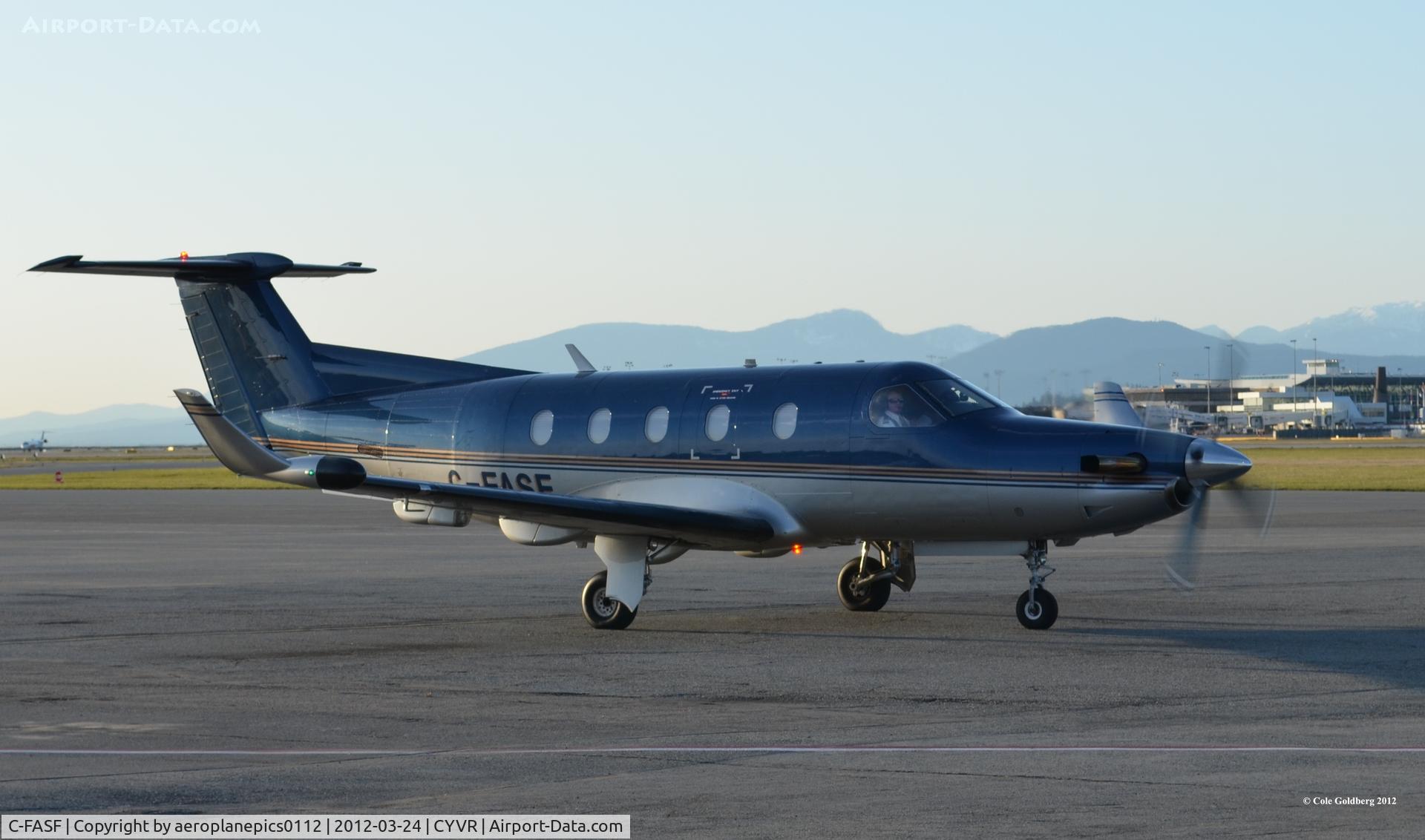 C-FASF, 2001 Pilatus PC-12/45 C/N 416, C-FASF waiting for permission to begin taxiing to Runway 08R-26L at YVR.
