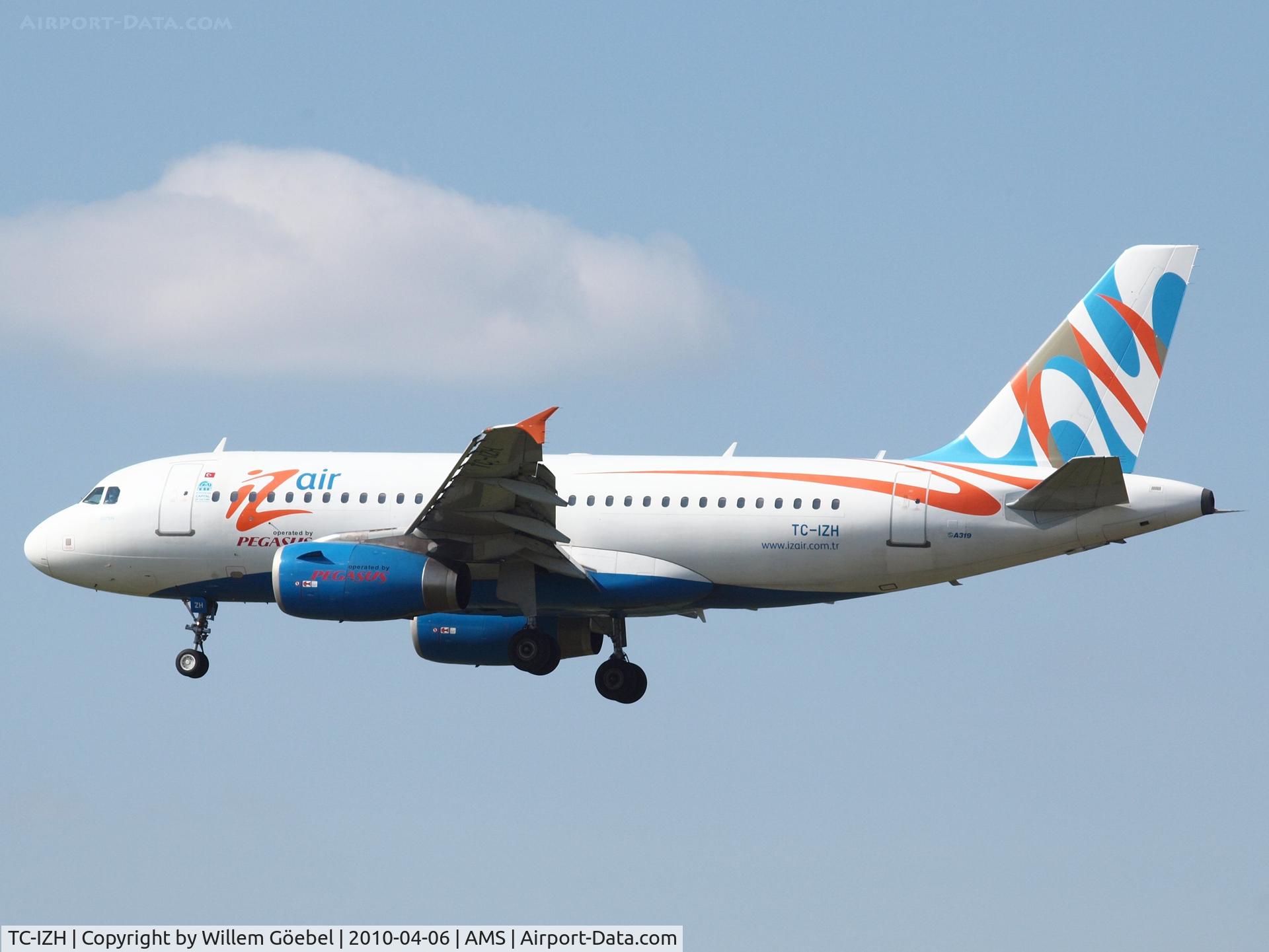 TC-IZH, 2005 Airbus A319-132 C/N 2452, Landing on runway C18 of Schiphol Airport