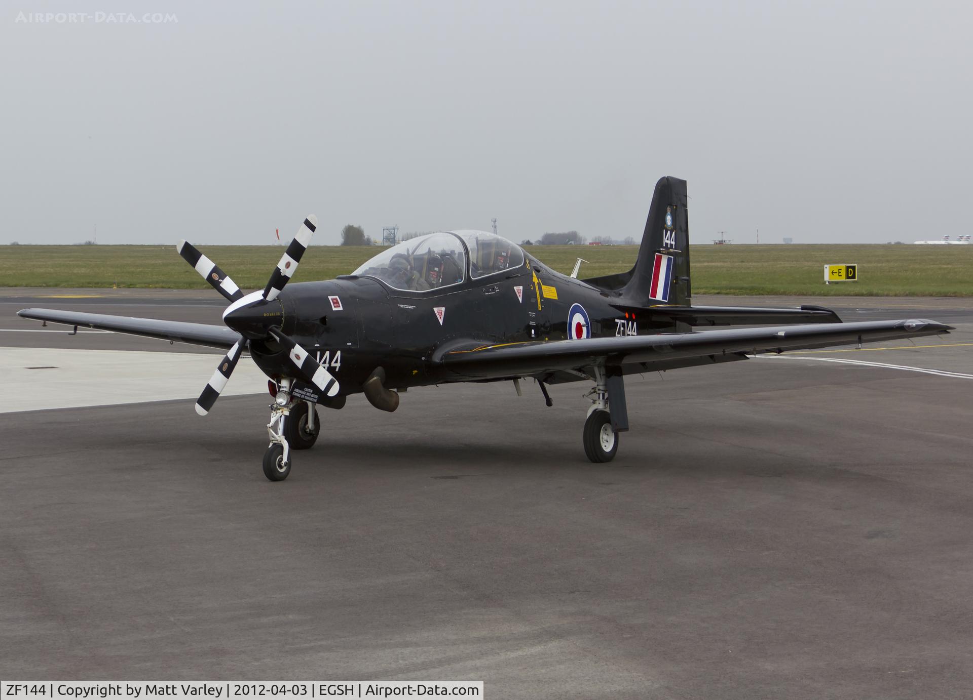 ZF144, 1988 Short S-312 Tucano T1 C/N S010/T10, Sat on stand at SaxonAir.
