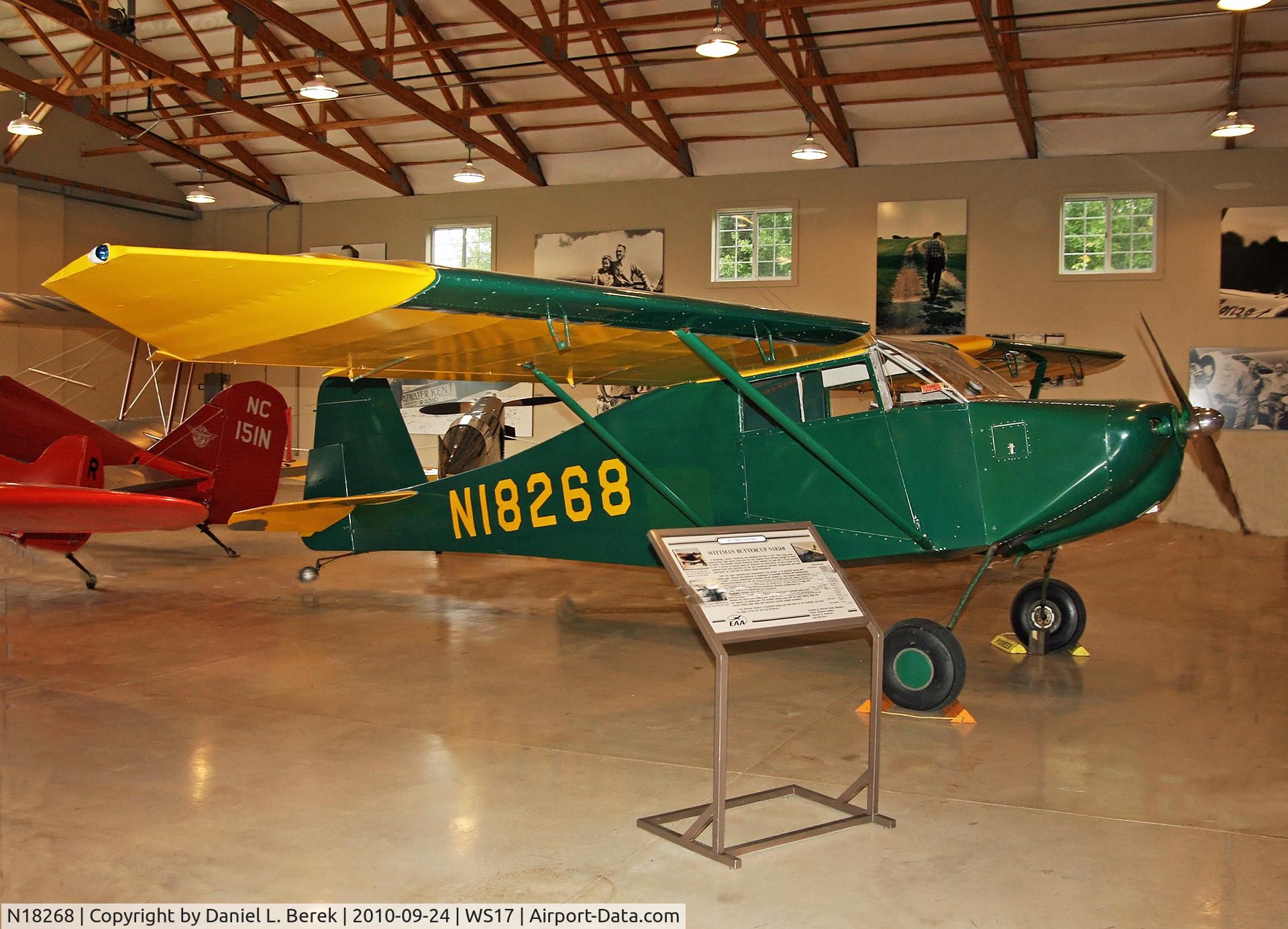 N18268, 1937 Wittman Buttercup C/N 5, This advanced-design experimental cabin monoplane is on display at Pioneer Airport.