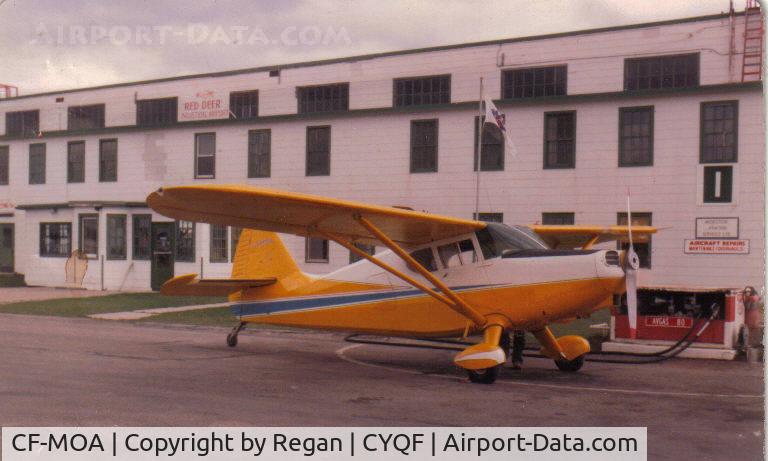 CF-MOA, 1947 Stinson 108-2 Voyager C/N 108-2281, Spring 1980, Red Deer Alberta. After fuselage recovering, rejuvenated wings, new paint scheme and minor restoration. Only about 1900 hours on it. Original 165 heavy case Franklin overhauled a couple of years before purchase but still '0' time.