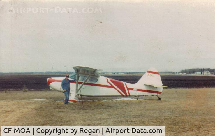 CF-MOA, 1947 Stinson 108-2 Voyager C/N 108-2281, Spring 1980, Warburg Alberta Canada. Just after purchase; out of license for several years, crappy paint scheme and fabric letting go under tail section. Aircraft disassembled, trucked to Red Deer Alberta and refurbished. Flying two months later.