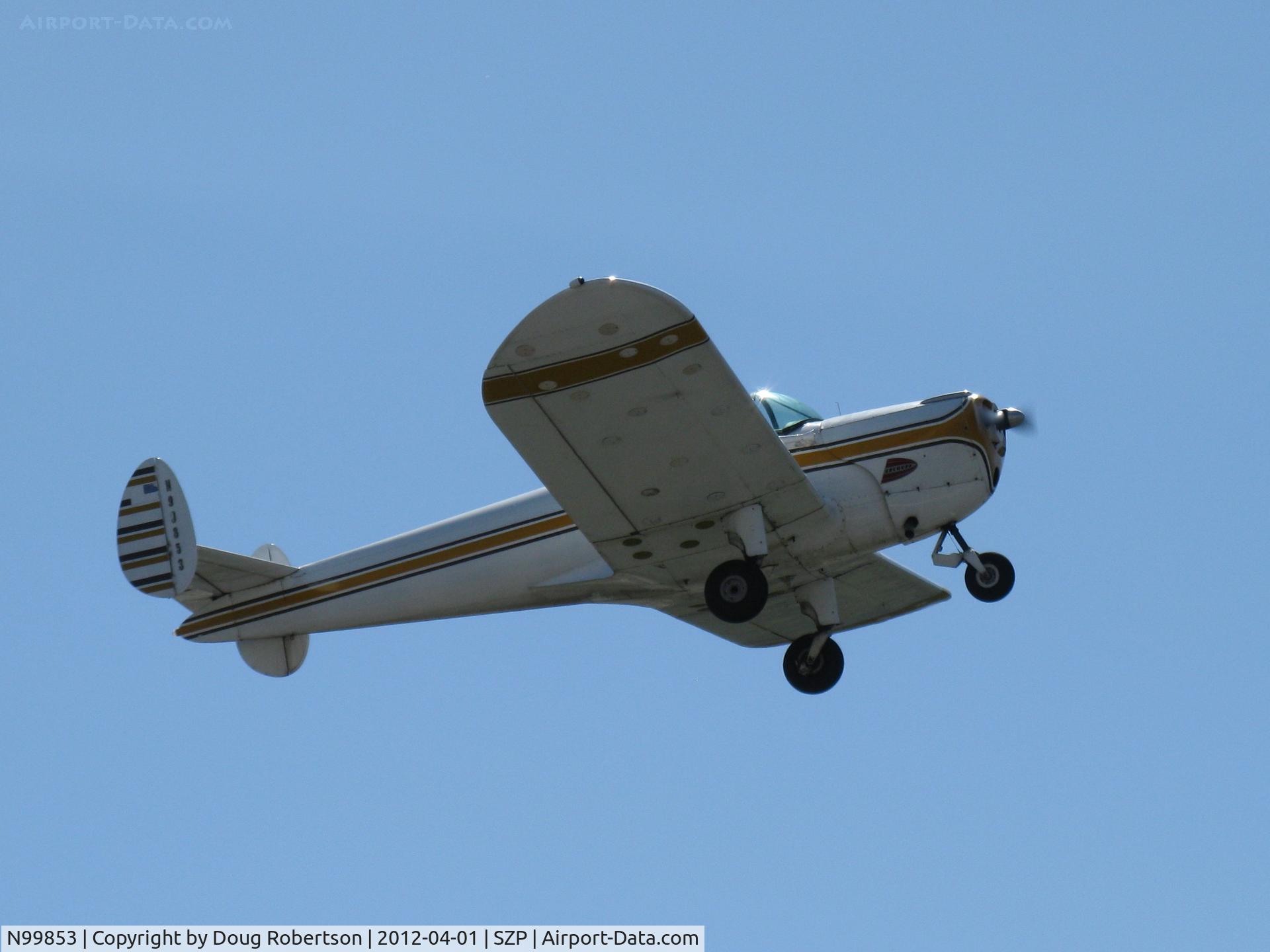 N99853, 1946 Erco 415C Ercoupe C/N 2476, 1946 ERCO Ercoupe 415-C, Continental C85 85 Hp, takeoff climb Rwy 22