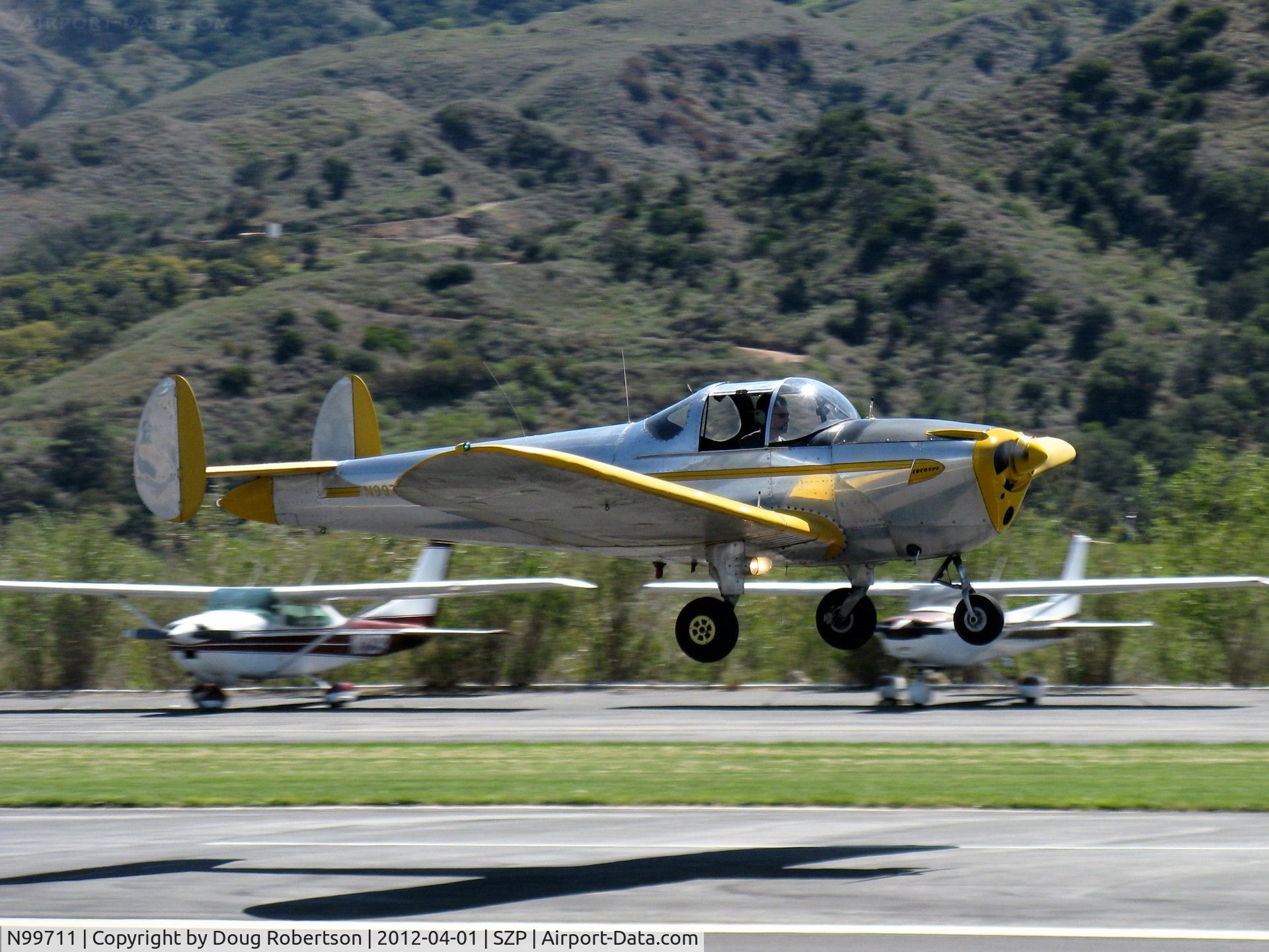 N99711, 1946 Erco 415D Ercoupe C/N 2334, 1946 ERCO Ercoupe 415-D, Continental O-200 100 Hp, takeoff Rwy 22