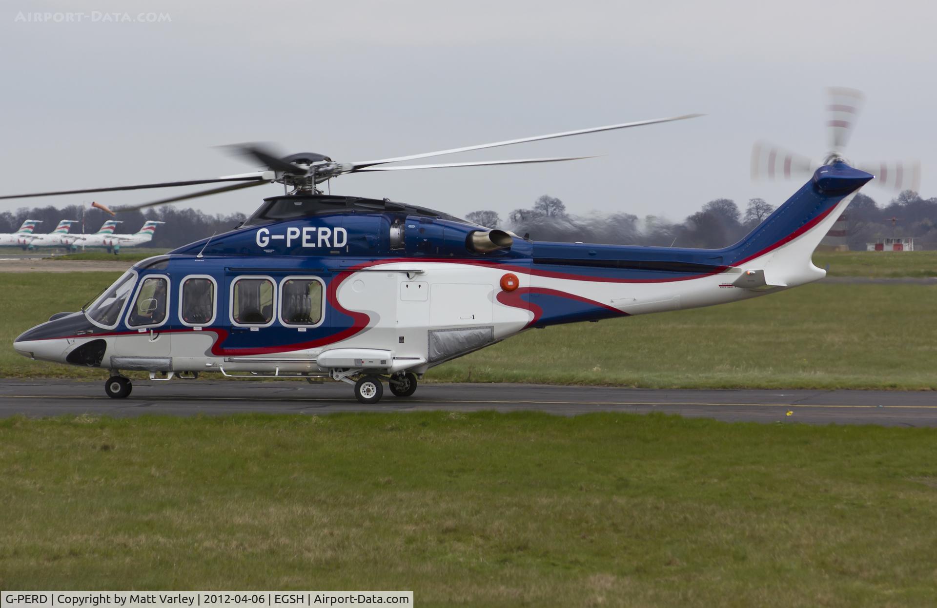 G-PERD, 2012 AgustaWestland AW-139 C/N 41270, Departing EGSH on an air test.