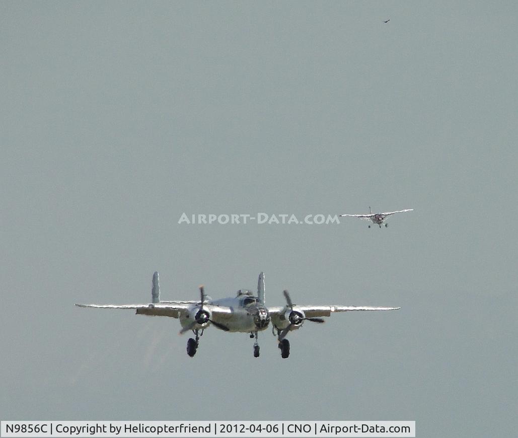 N9856C, 1943 North American TB-25N Mitchell C/N 108-35217, 1/2 mile final for 26R with a Cessna for 26L