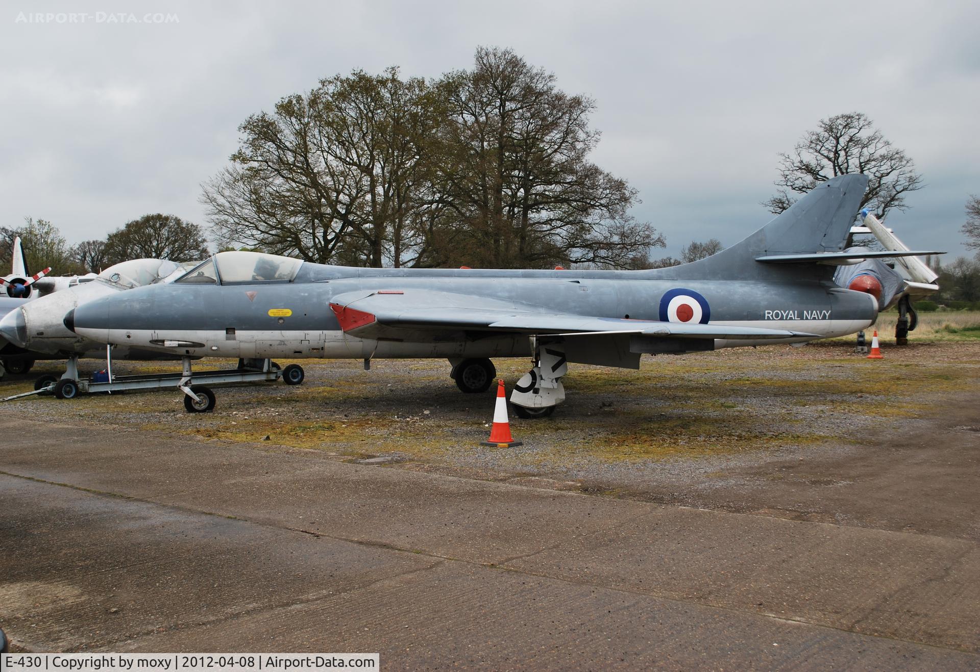E-430, 1958 Hawker Hunter F.51 C/N 41H-680289, Hawker Hunter F.51 ex Danish AF. Port wing is from XF418 and starboard wing from XG226.
at the Gatwick Aviation Museum.