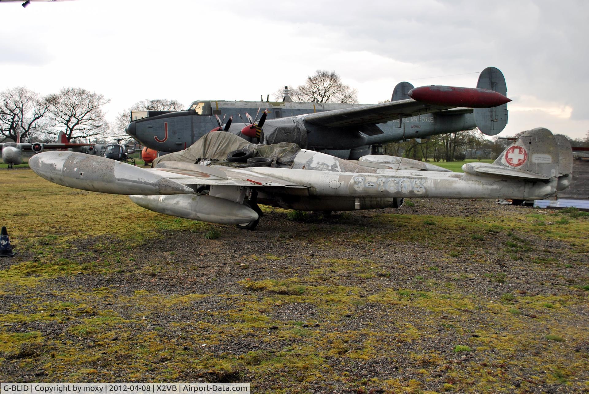 G-BLID, 1952 De Havilland (F+W Emmen) DH-112 Venom FB.50 C/N 815, De Havilland Venom FB.50, ex Swiss A.F. at the Gatwick Aviation Museum