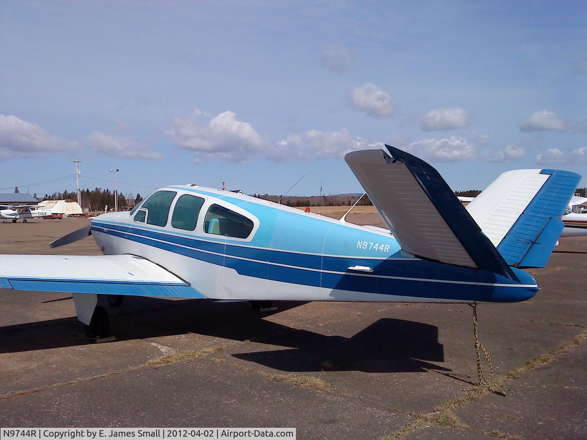 N9744R, 1959 Beech M35 Bonanza C/N D-6212, Photo shot at the Debert Airport, Debert, NS, Canada, April 2012. Aircraft seems to be under repair. It's missing it's right aileron and right wing tip. I have three more pictures. Don't know if I can upload them here or not, this is my first try.