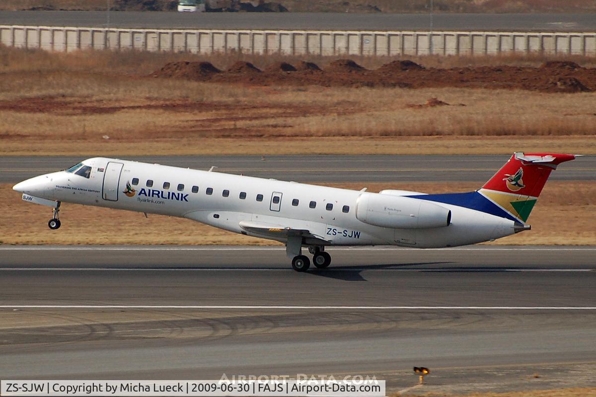 ZS-SJW, 2001 Embraer ERJ-135LR (EMB-135LR) C/N 145423, On 7 December 2009, this aircraft ran off the runway and through a fence after landing. All people on board survived this accident.