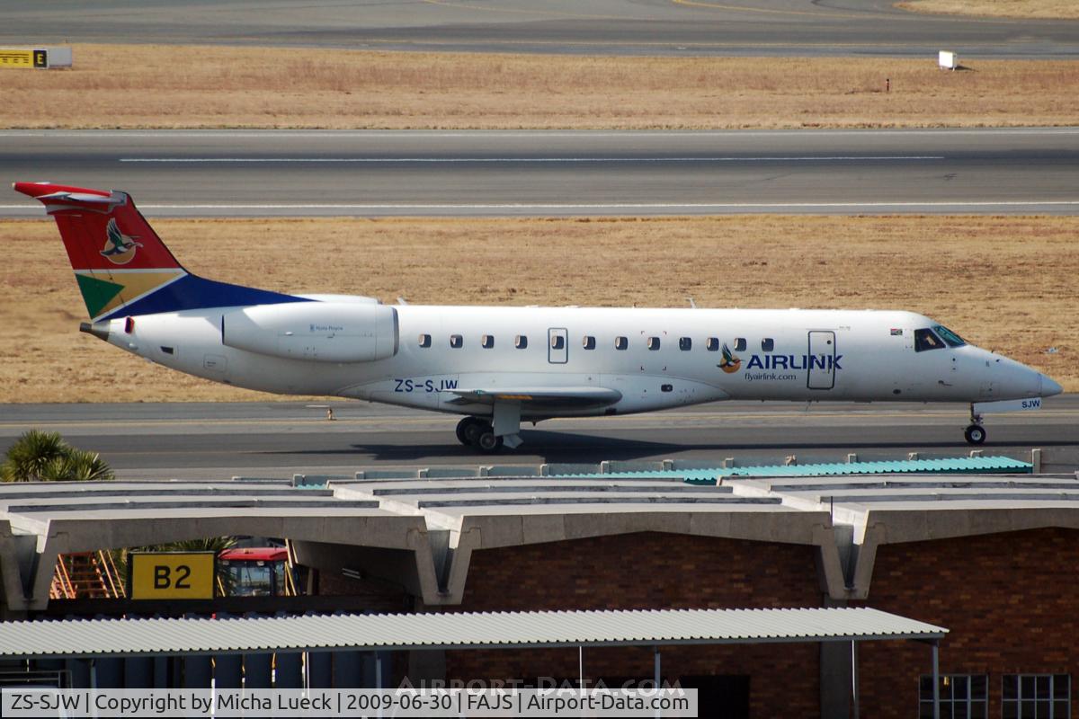 ZS-SJW, 2001 Embraer ERJ-135LR (EMB-135LR) C/N 145423, On 7 December 2009, this aircraft ran off the runway and through a fence after landing. All people on board survived this accident.