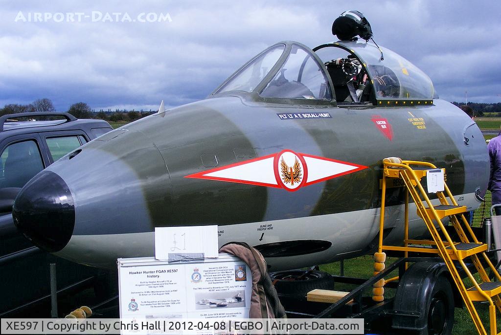 XE597, 1956 Hawker Hunter FGA.9 C/N 41H/679955, originally built as an F.6 and served as with 66, 63 and 56 Sqns. converted to FGA.9 it served with 208, 54 and  1 Sqns. It ended its service life with 229 OCU