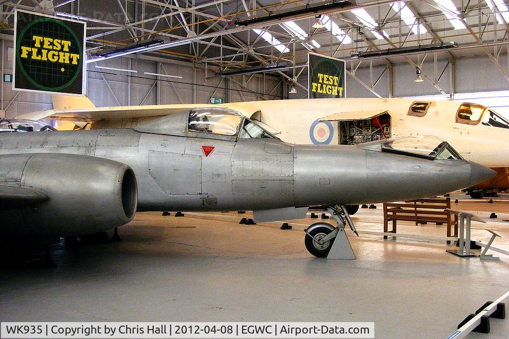 WK935, Gloster Meteor F.8(Mod) C/N Not found WK935, A much modified Meteor F8 fighter, the 'prone position' Meteor, was used to evaluate the advantages of coping with the effects of gravity while flying lying down.