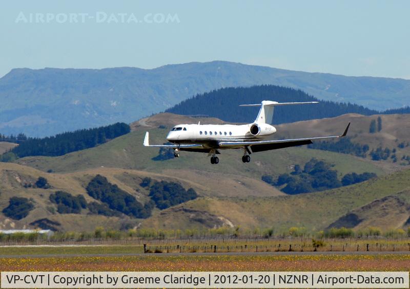 VP-CVT, 2006 Gulfstream Aerospace GV-SP (G550) C/N 5102, ON arrival at Napier NZ