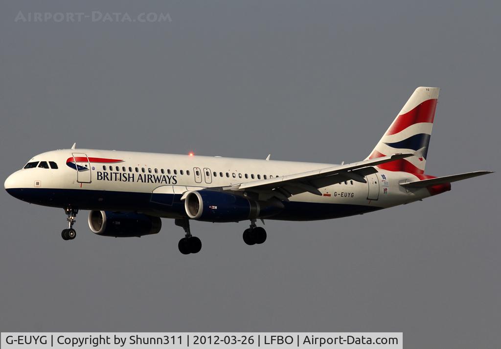 G-EUYG, 2010 Airbus A320-232 C/N 4238, Landing rwy 14R with additional Olympic Game 2012 sticker...