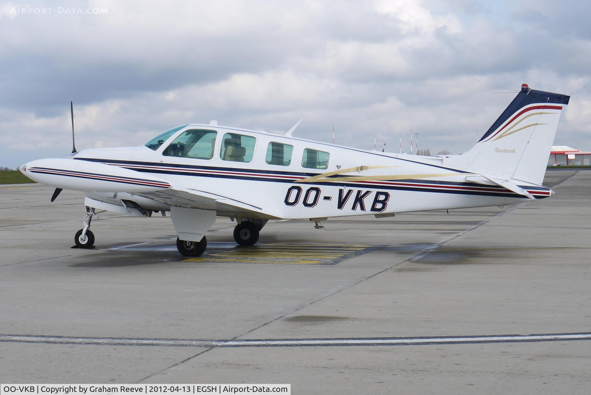 OO-VKB, 1977 Beech A36 Bonanza 36 C/N E-994, Parked at Norwich.