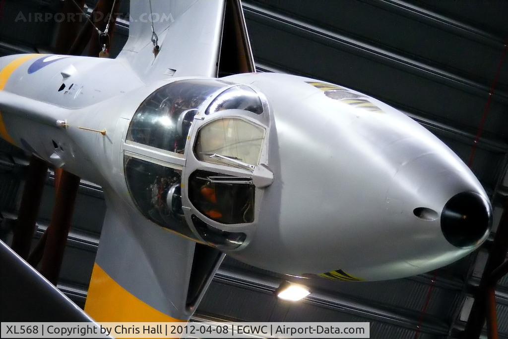 XL568, 1958 Hawker Hunter T.7A C/N 41H-693719, suspended from the ceiling in the National Cold War Exhibition hangar at the RAF Museum, Cosford