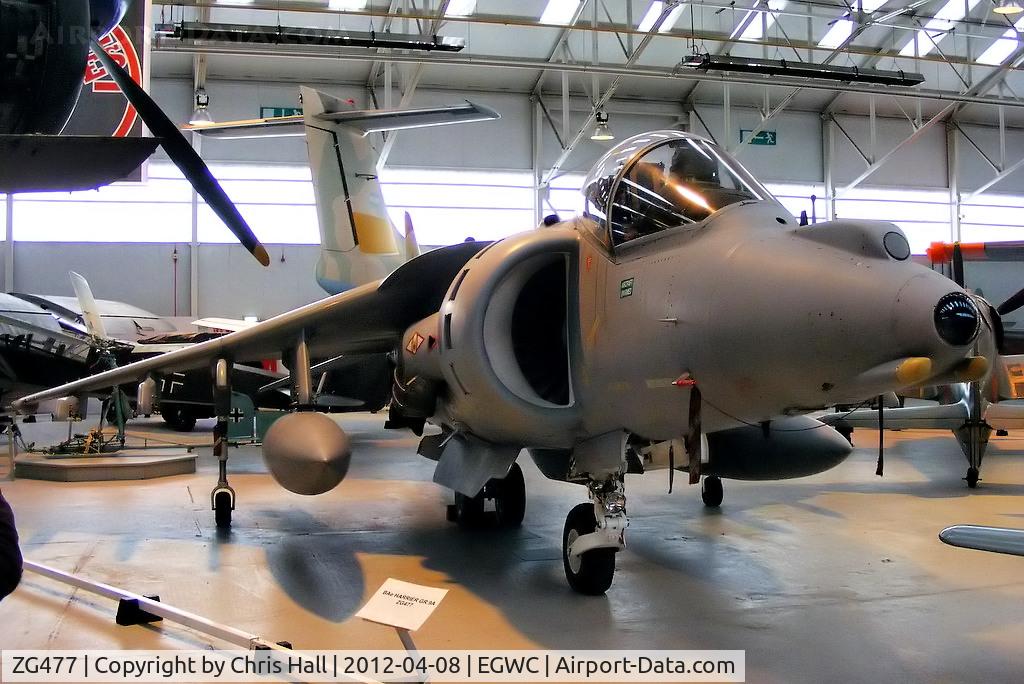 ZG477, 1990 British Aerospace Harrier GR.9A C/N P67, delivered to the RAF in 1990 as a GR.7 then upgraded to GR.9A spec at BAe Warton in 2004. Delivered to the RAF Museum 19/12/2011