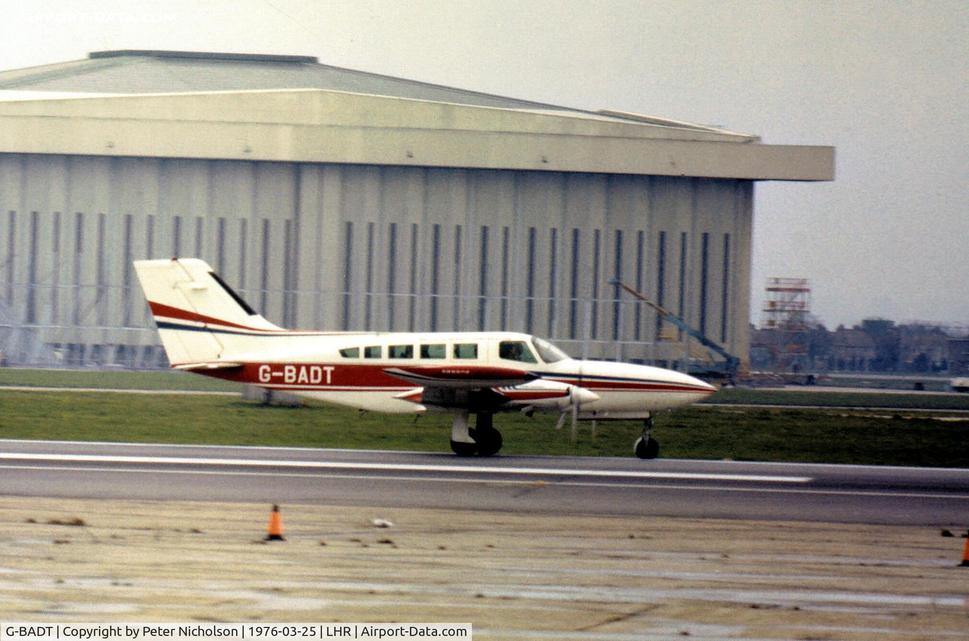 G-BADT, 1972 Cessna 402B C/N 402-0329, Cessna 402B as seen at Heathrow in the Spring of 1976.