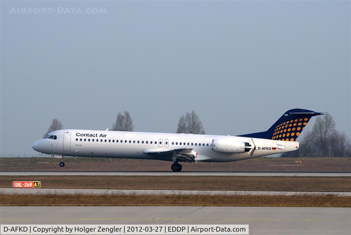 D-AFKD, 1994 Fokker 100 (F-28-0100) C/N 11500, Morning shuttle from DUS with unusual flight equipment on rwy 26R.....