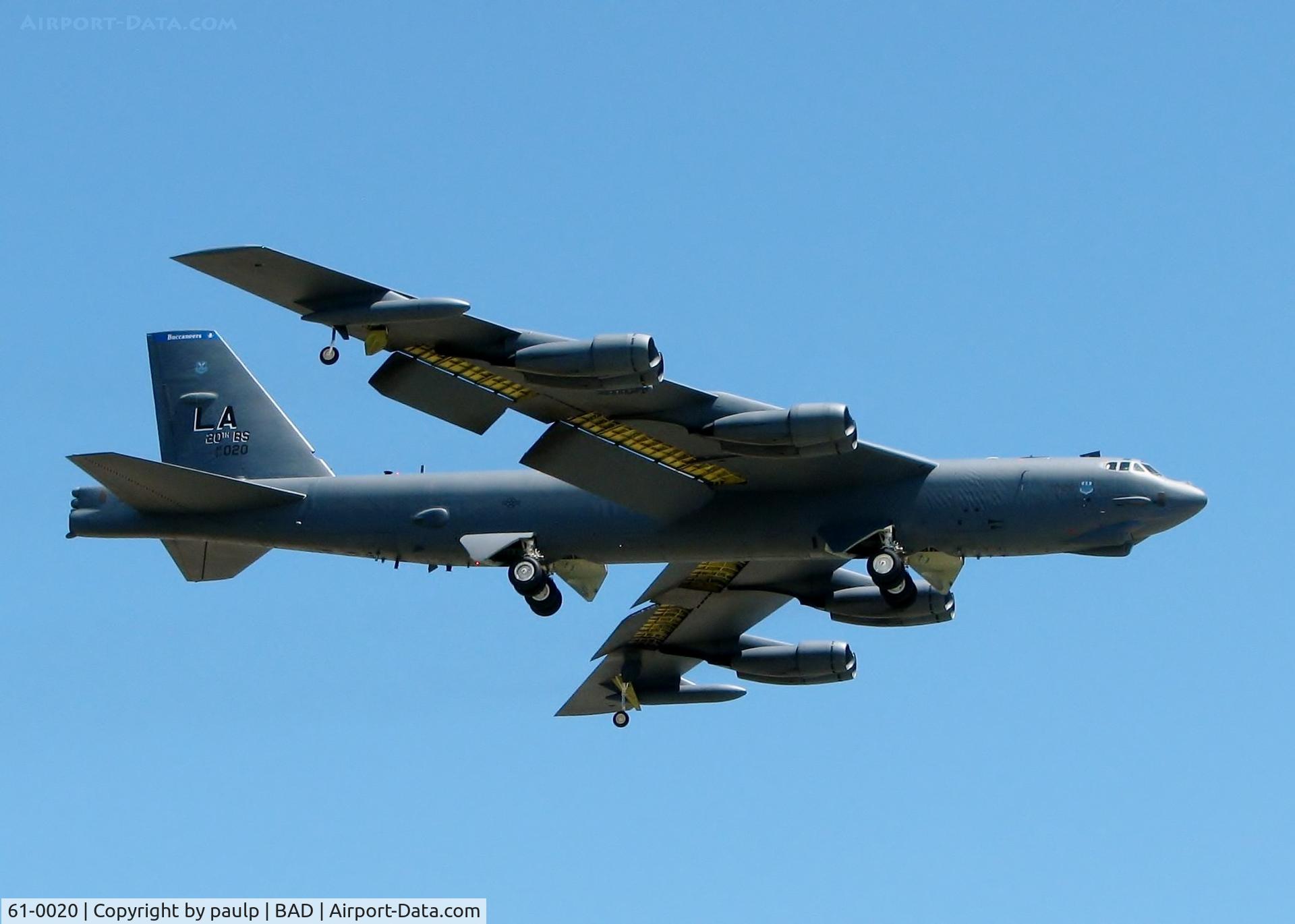 61-0020, 1961 Boeing B-52H Stratofortress C/N 464447, Landing at Barksdale Air Force Base. Notice the small doors for the fuel receptacle above the cockpit are open.