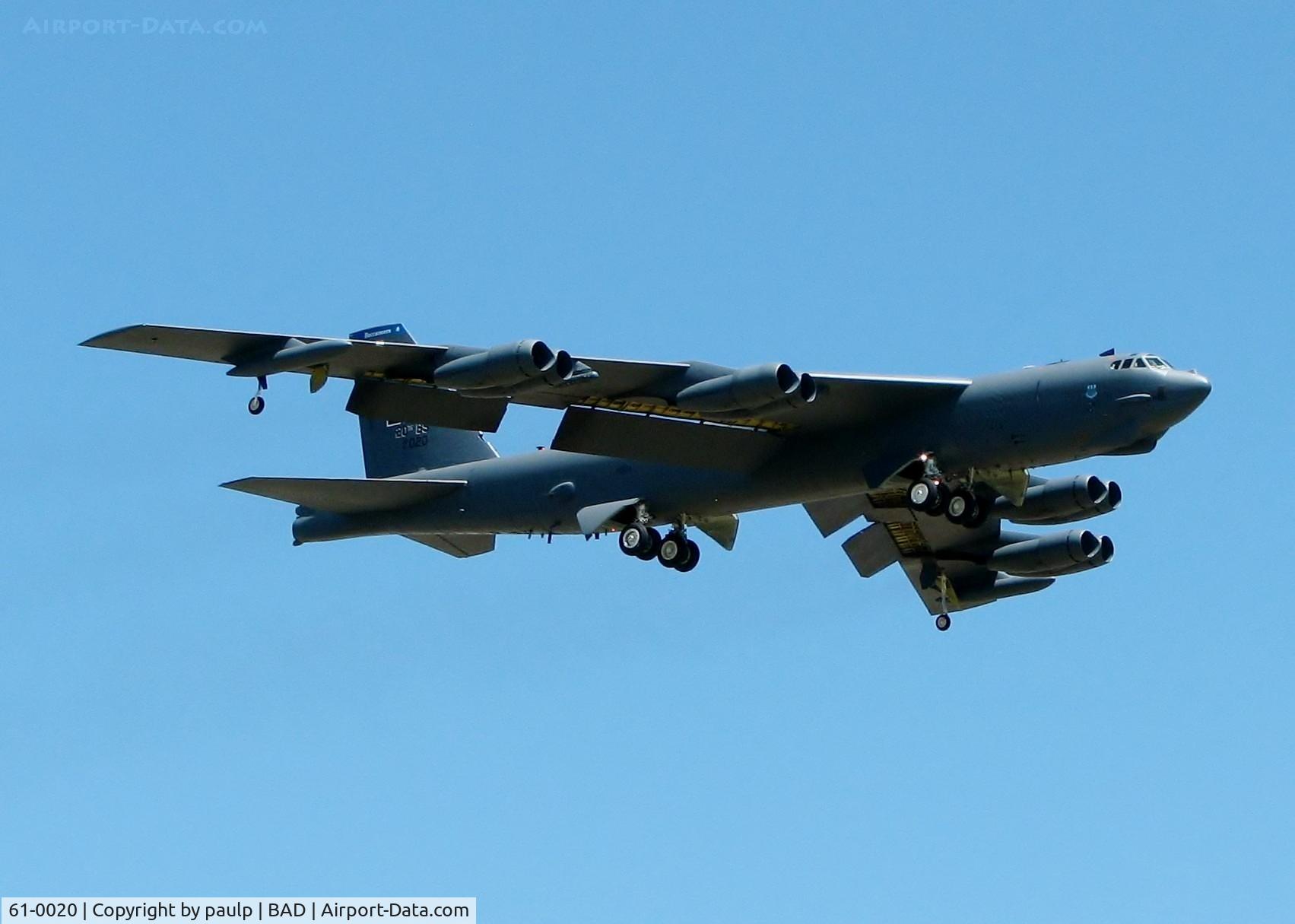 61-0020, 1961 Boeing B-52H Stratofortress C/N 464447, Landing at Barksdale Air Force Base. Notice the small doors for the fuel receptacle above the cockpit are open.
