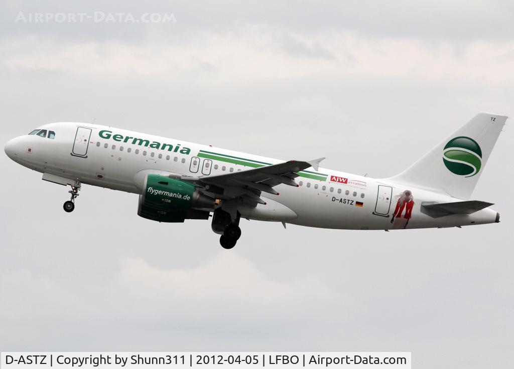 D-ASTZ, 2007 Airbus A319-112 C/N 3019, Taking off from rwy 32L with additional 'AJW Aviation' logo and titles...