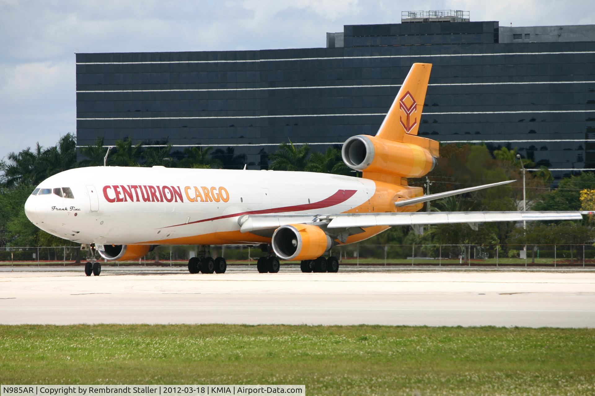 N985AR, 1992 McDonnell Douglas MD-11F C/N 48430, Turning onto heavies-rwy 09 at MIA in great sunlight