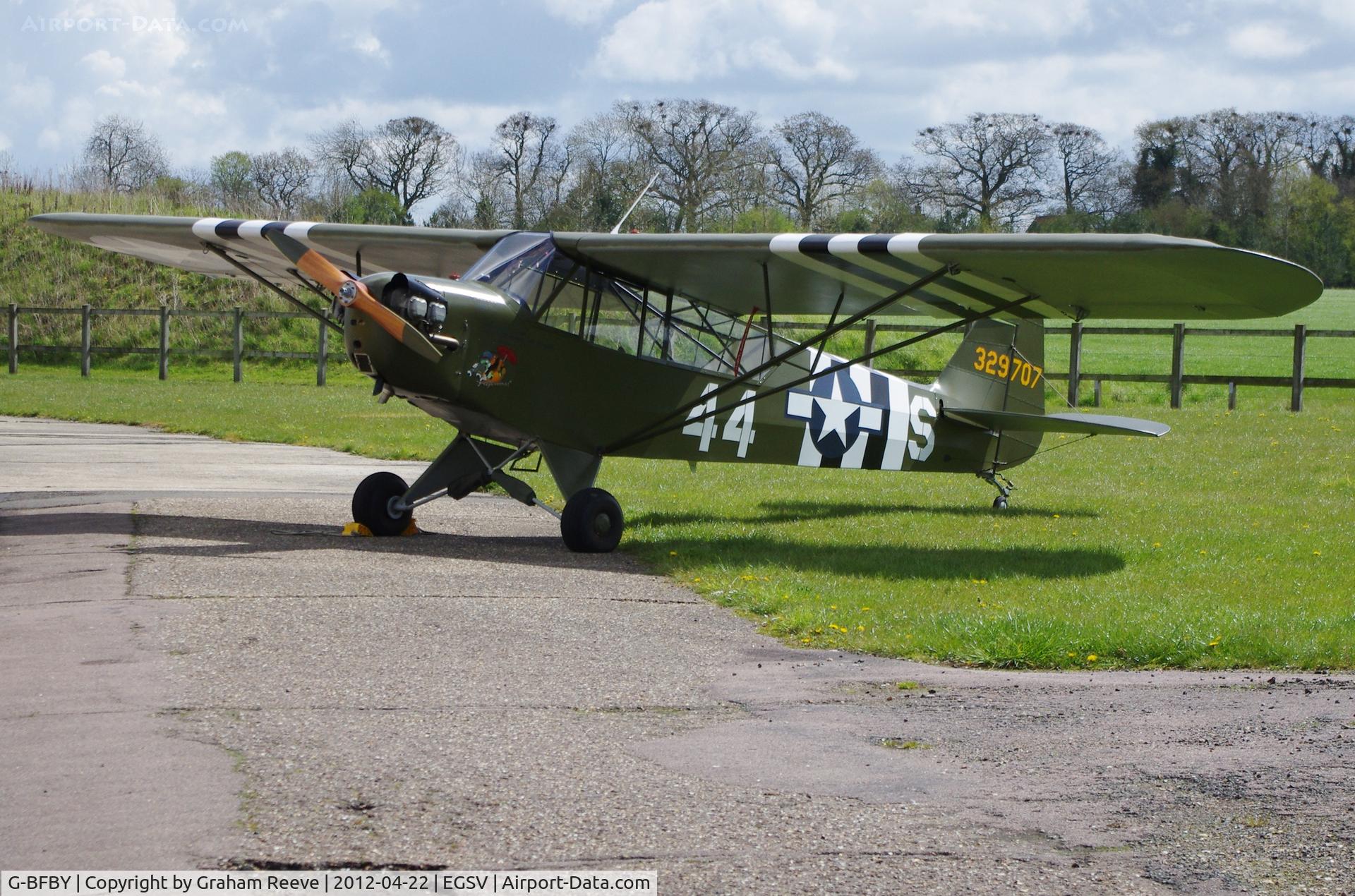 G-BFBY, 1944 Piper L-4H Grasshopper (J3C-65D) C/N 10998, Parked at Old Buckenham.