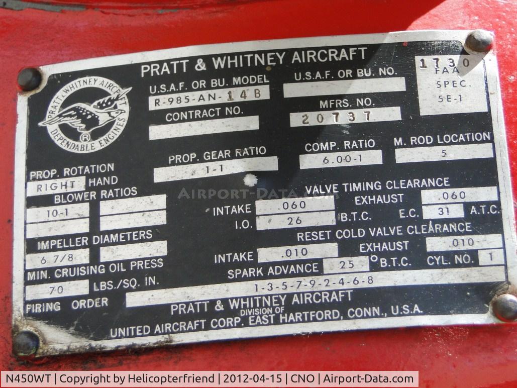N450WT, 1942 Boeing A75N1(PT17) C/N 75-3420, The R-985-AN-14B,9 cylinders, air cooled,  aptly nicknamed 