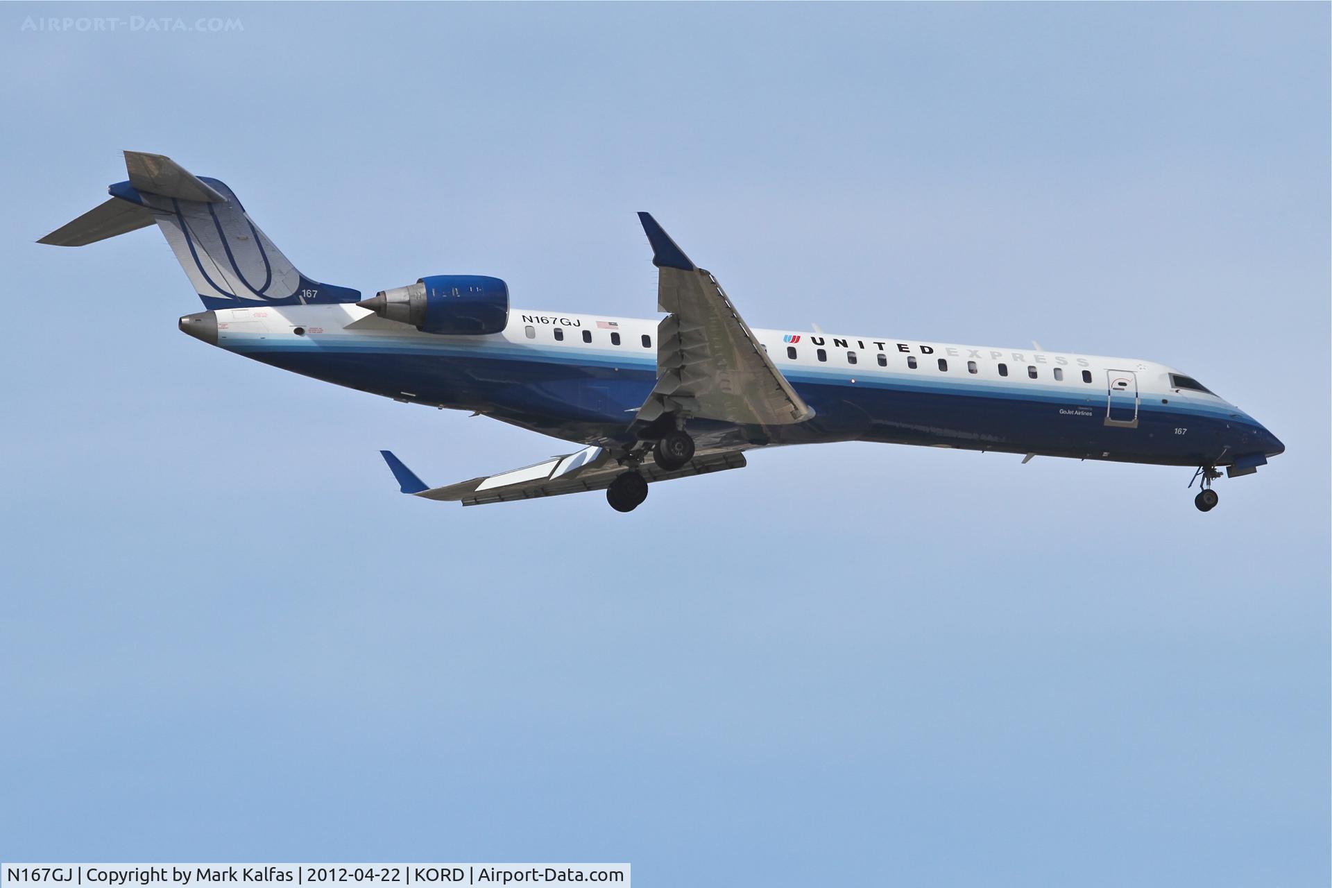 N167GJ, 2008 Bombardier CRJ-702 (CL-600-2C10) Regional Jet C/N 10269, GoJet Airlines/United Express Bombardier CL-600-2C10, GJS3658 arriving from Nashville Intl./KBNA, RWY 10 approach KORD.
