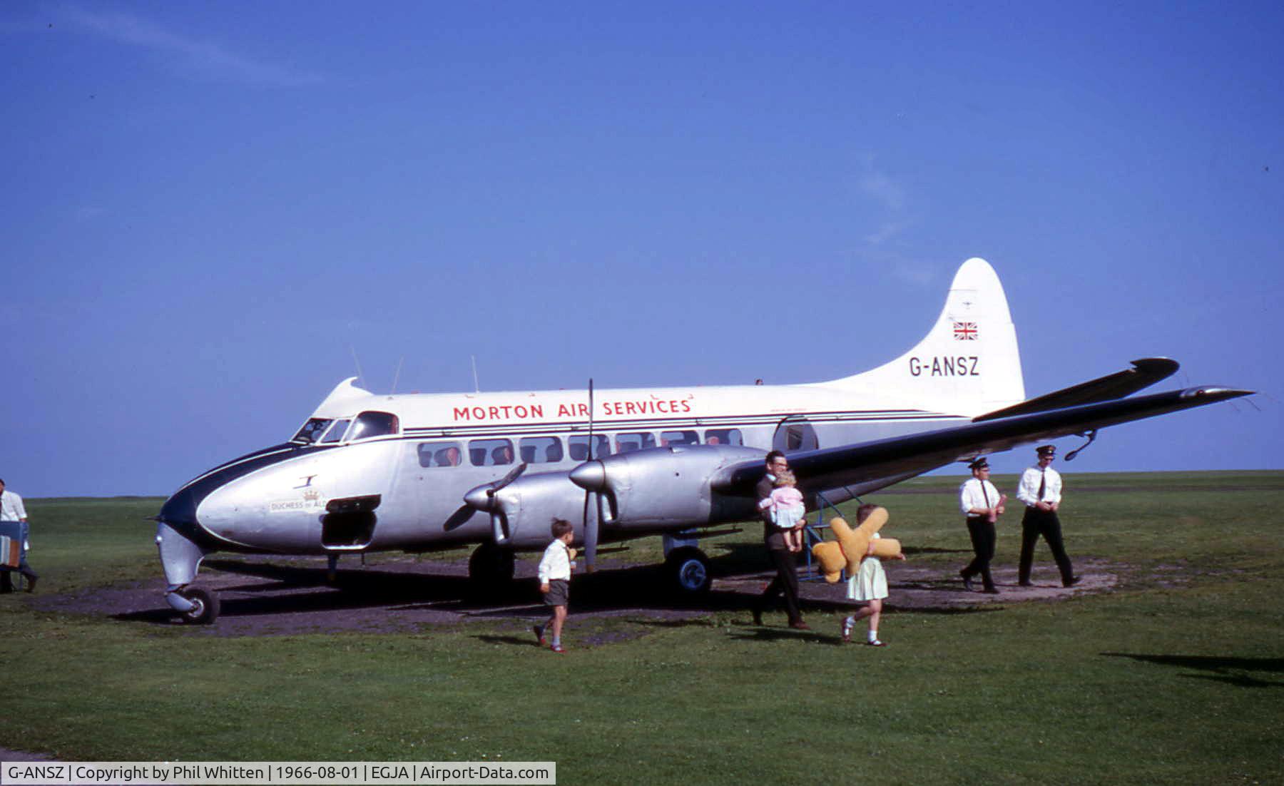 G-ANSZ, 1954 De Havilland DH-114 Heron 1B C/N 14047, I flew (my first flight) on this Heron to Alderney in the Channel Islands in 1966.