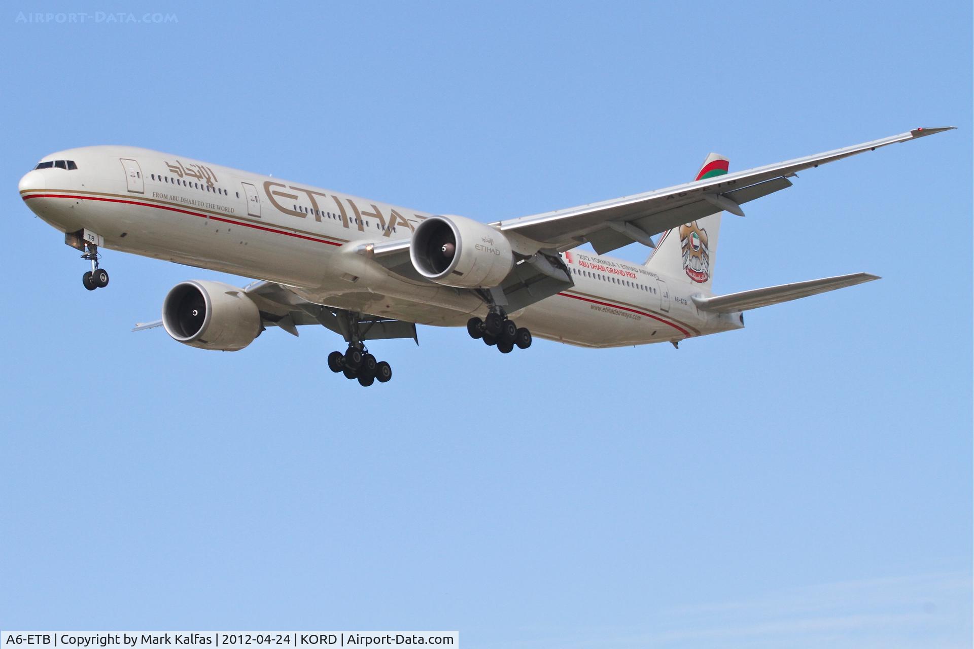 A6-ETB, 2005 Boeing 777-3FX/ER C/N 34598, Etihad Boeing 777-3FX, ETD151 arriving from Abu Dhabi International, RWY 28 approach KORD.