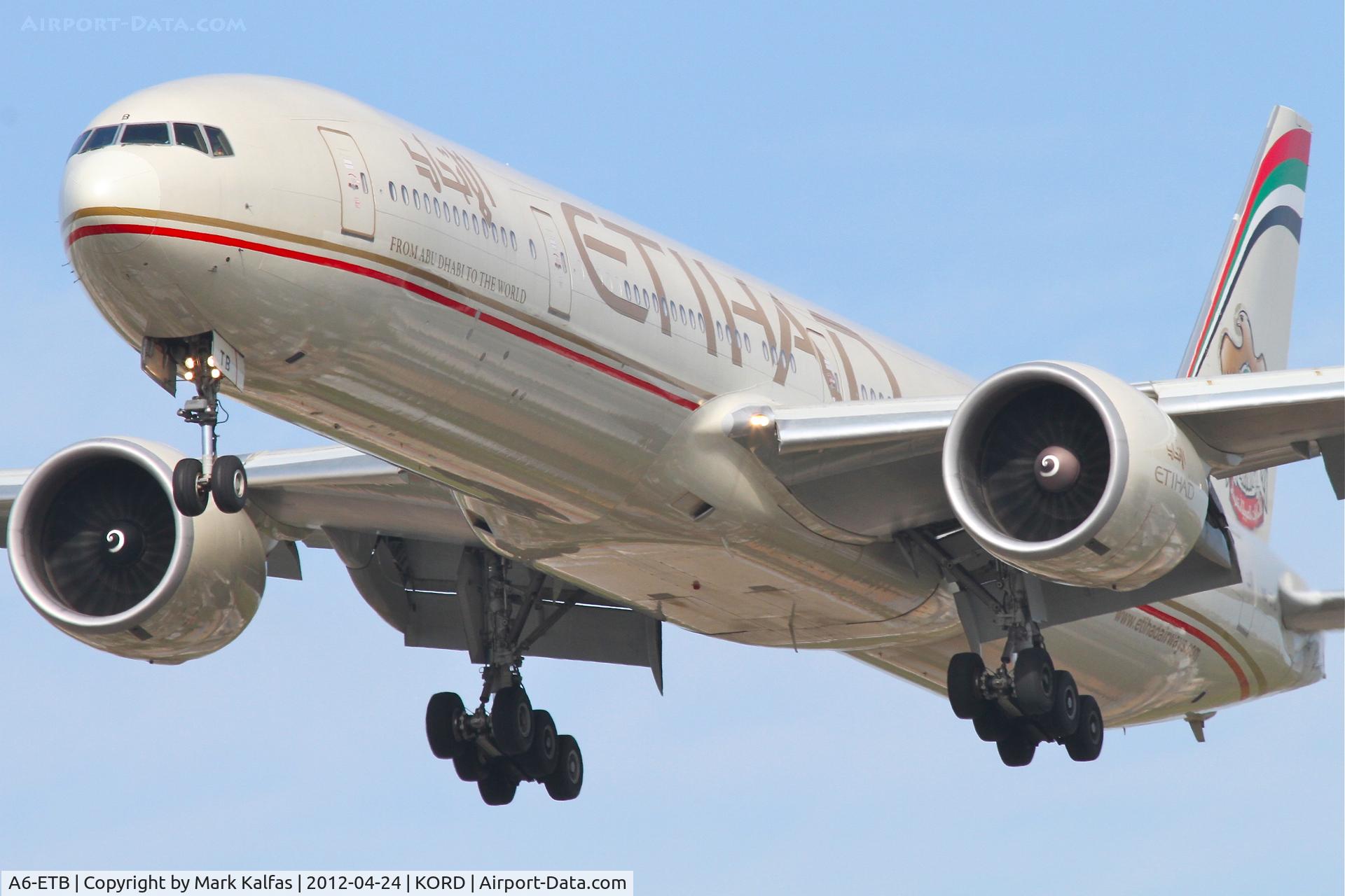 A6-ETB, 2005 Boeing 777-3FX/ER C/N 34598, Etihad Boeing 777-3FX, ETD151 arriving from Abu Dhabi International, RWY 28 approach KORD.