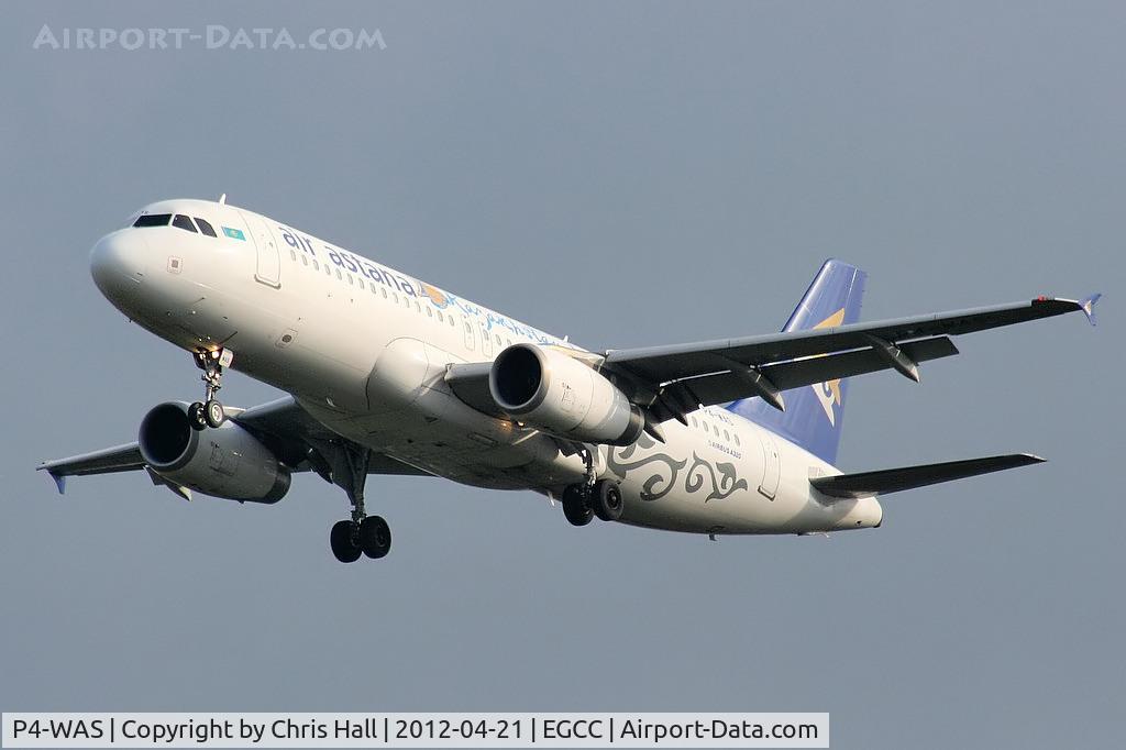 P4-WAS, 2008 Airbus A320-232 C/N 3484, Air Astana A320 wearing Kazakhstan Independence titles arriving at EGCC for a repaint at Air Livery