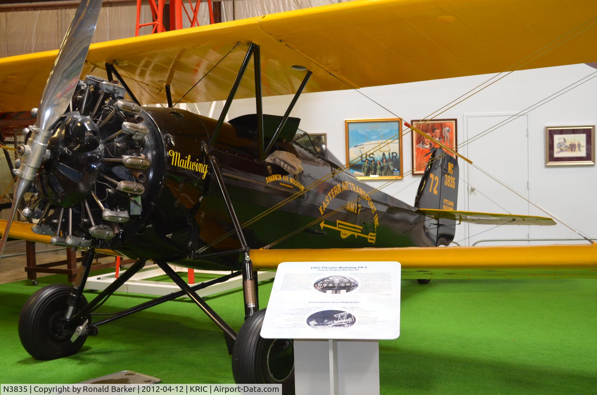 N3835, 1927 Pitcairn PA-5 Mailwing C/N 9, VA Aviation Museum