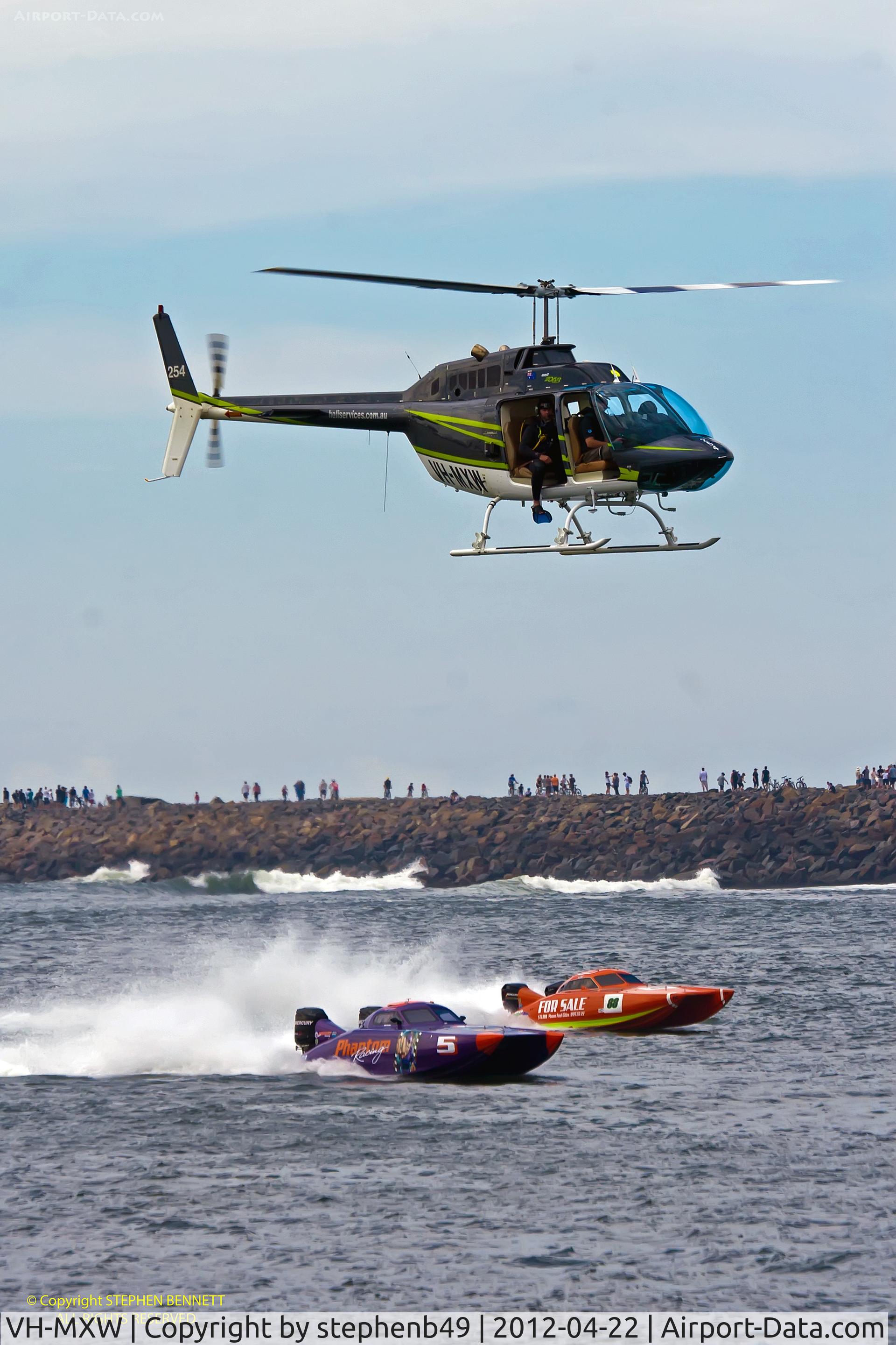 VH-MXW, 1974 Bell 206B JetRanger II C/N 1198, A busy helicopter in the lower Hunter Valley, following all kinds of events: here above The Offshore Powerboat Championships, Newcastle Harbour