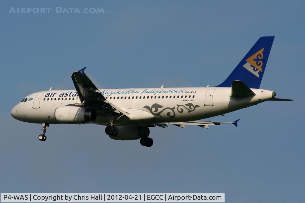 P4-WAS, 2008 Airbus A320-232 C/N 3484, Air Astana A320 wearing Kazakhstan Independence titles arriving at EGCC for a repaint at Air Livery