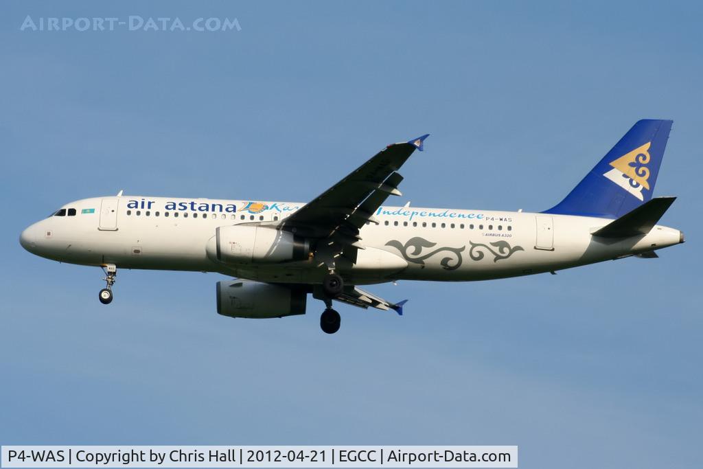 P4-WAS, 2008 Airbus A320-232 C/N 3484, Air Astana A320 wearing Kazakhstan Independence titles arriving at EGCC for a repaint at Air Livery
