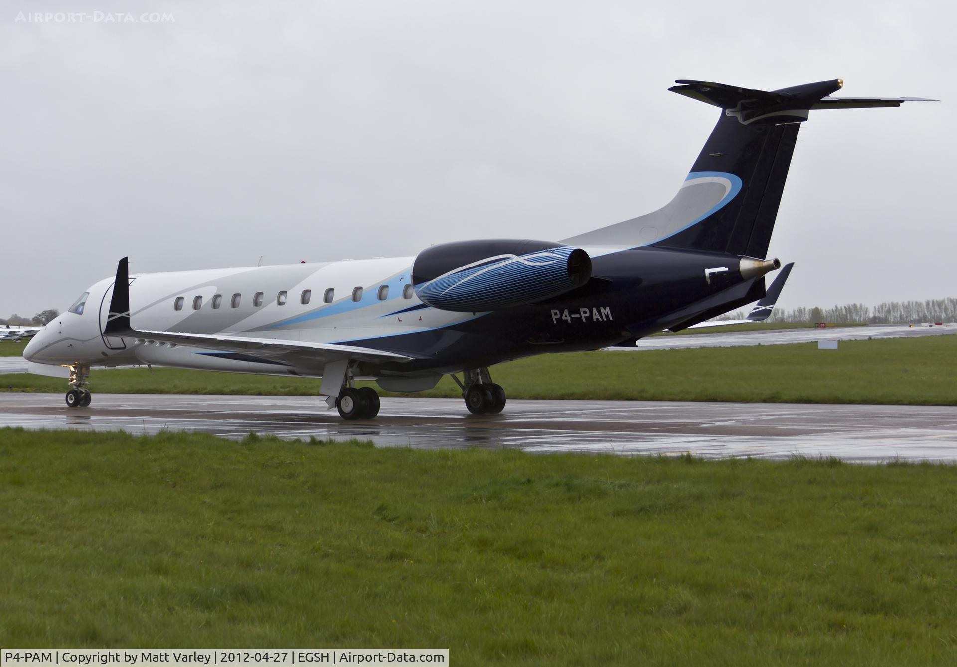 P4-PAM, 2006 Embraer EMB-135BJ Legacy 600 C/N 14500982, Arriving at SaxonAir in very wet conditions.