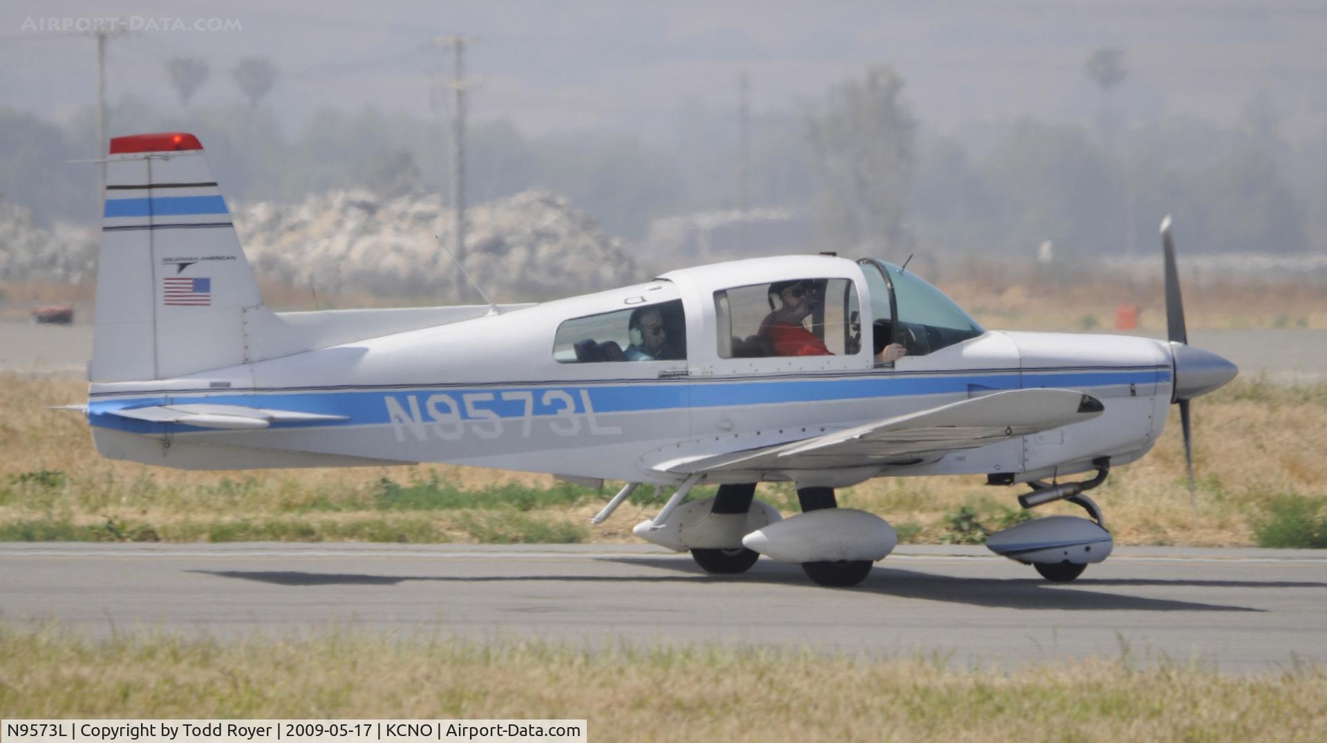 N9573L, 1974 Grumman American AA-5 Traveler C/N AA5-0573, Taxiing to parking at Chino