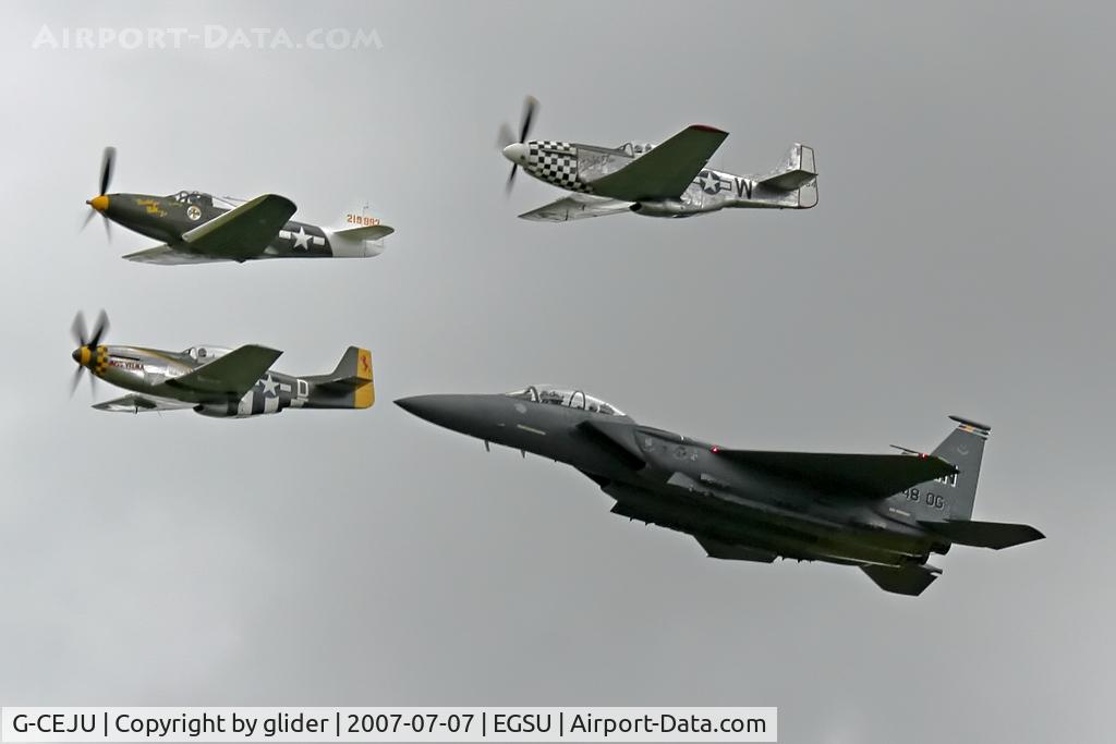 G-CEJU, Bell P-39Q Airacobra C/N 26E-397, Pretty neat formation the F15 illustrating the size difference between WW2 and now!