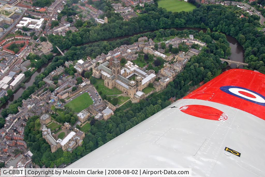 G-CBBT, 1975 Scottish Aviation Bulldog T.1 C/N BH120/344, Durham Cathedral & Castle from Scottish Aviation Bulldog T.1, Co Durham UK, August 2008.