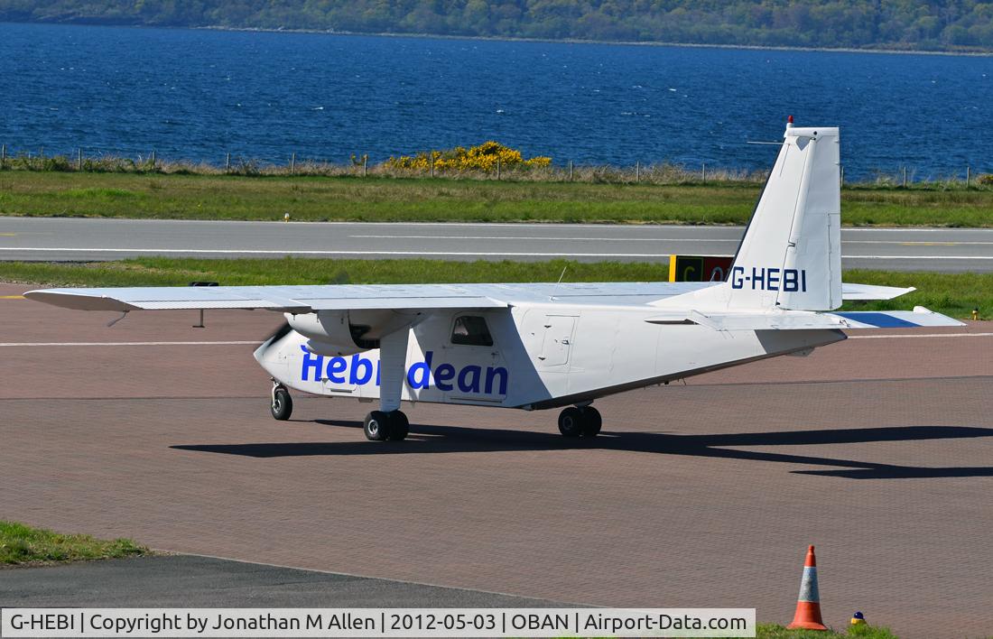 G-HEBI, 1991 Pilatus Britten-Norman BN-2B-20 Islander C/N 2240, The 15.10 Hebridean Airways flight from Oban to Colonsay departs from Oban (Connel) airport.