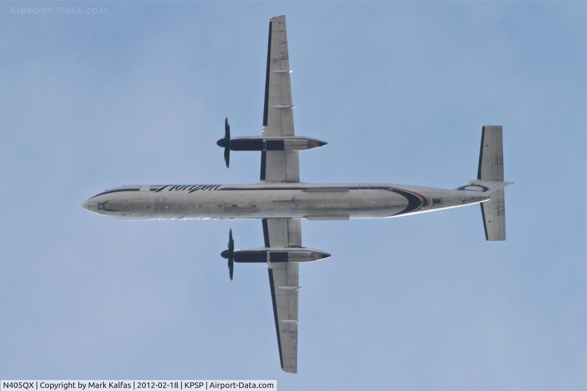 N405QX, 2001 Bombardier DHC-8-402 Dash 8 C/N 4047, Horizon Airlines Bombardier DHC-8-402, QXE168 departing Palm Springs en route to San Jose.