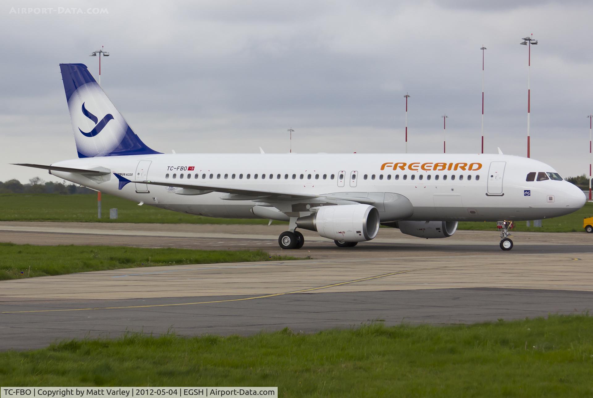TC-FBO, 2012 Airbus A320-214 C/N 5096, Brand new Freebird A320 arriving at EGSH for the first time.