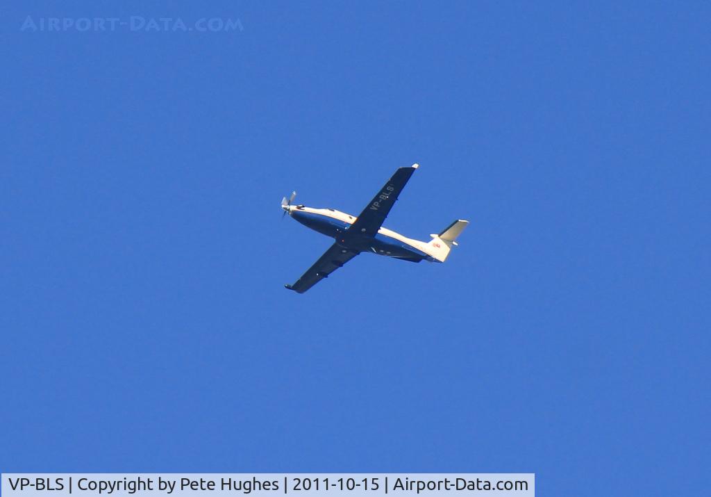 VP-BLS, 1997 Pilatus PC-12/45 C/N 176, VP-BLS PC12  climbing overhead Silchester after departure from Farnborough
