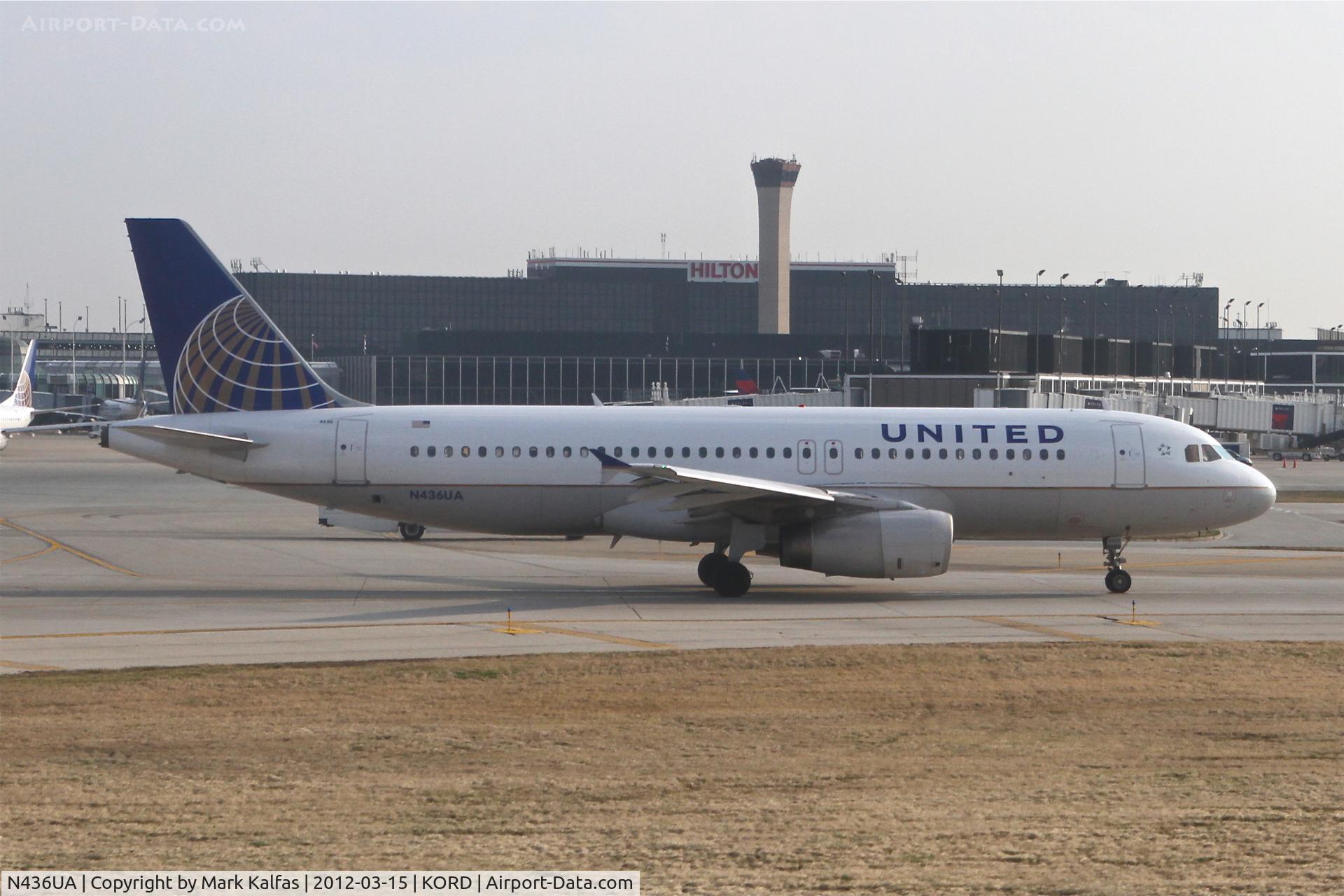 N436UA, 1996 Airbus A320-232 C/N 638, United Airlines Airbus A320-232, United Flt #221 in sequence on TWY T at O'hare for a 32L departure to Los Angeles.